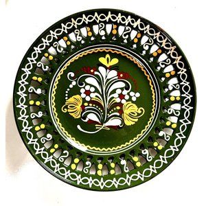 Vintage Hand painted Signed Ceramic China Floral Green Wall Plate Decor Portugal